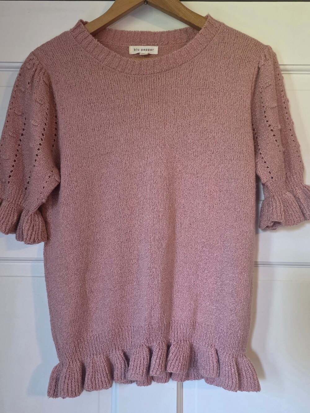 Blu Pepper Dusty Pink Short Sleeve Sweater With Ruffle
